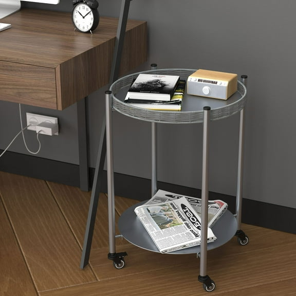 S-HOME Round Coffee Table With Wheels: Silver Gray 2-Tier Movable Side Tables For Bedroom Living Room And Sofa Use