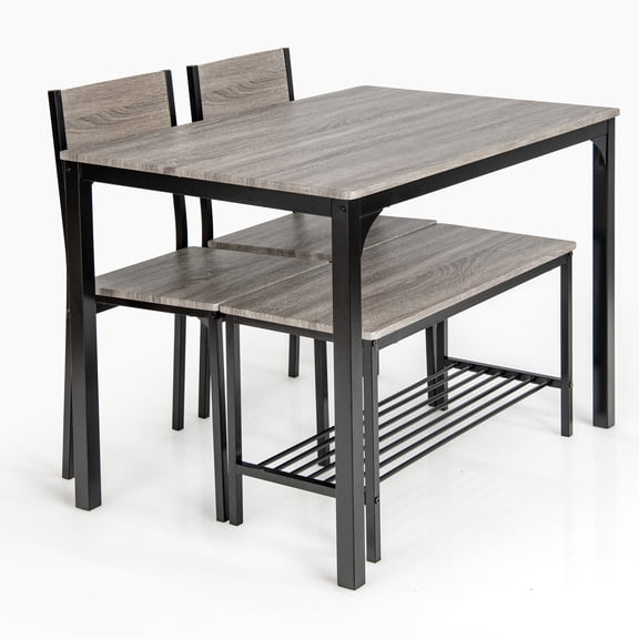 Patiojoy Ensemble de Salle à Manger 4 Pcs Table de Cuisine avec Banc et Chaises Banc de Rassemblement Industriel Ensemble de Salle à Manger Gris