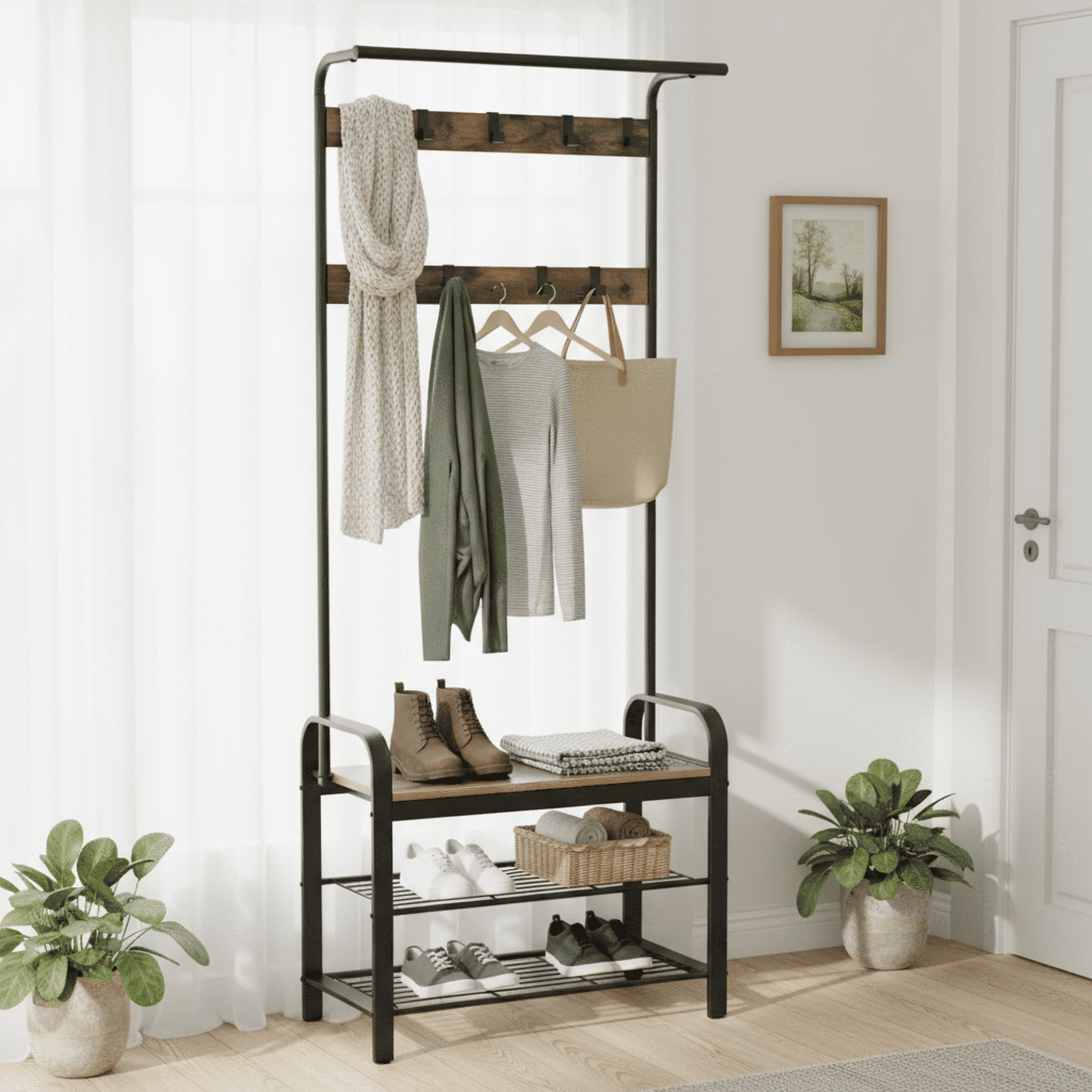 edx 4-in-1 Coat Rack with Shoe Bench and Hall Tree, entryway bench with 10 Removable Coat Hooks, Sturdy Steel & Wood Entryway Organizer, Anti-Tip Design, Rustic