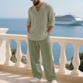thumbnail image 4 of Awwp Men Set Linen Suit Men's Clothing Casual Beach V Neck Loose Long Sleeved Pants Sports Suit for Men Blackish Green L, 4 of 4