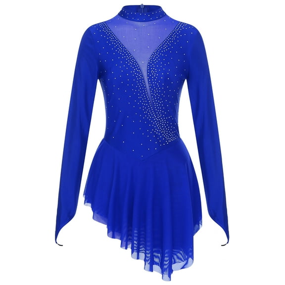 Jhaoyu Women Figure Skating Dress Mesh Patchwork Glitter Rhinestone Irregular Hem Performance Dance Royal Blue S