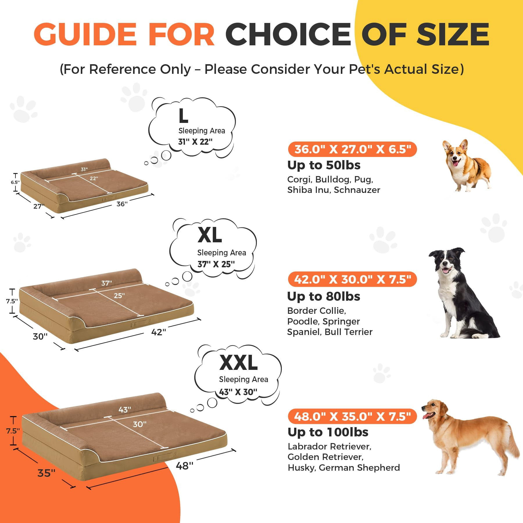 Dog Bed Large Sized Dogs  For Waterproof Pet With Washable Removable Cover L-shaped Couch Portable Handle 36"x27"x6.5" Camel