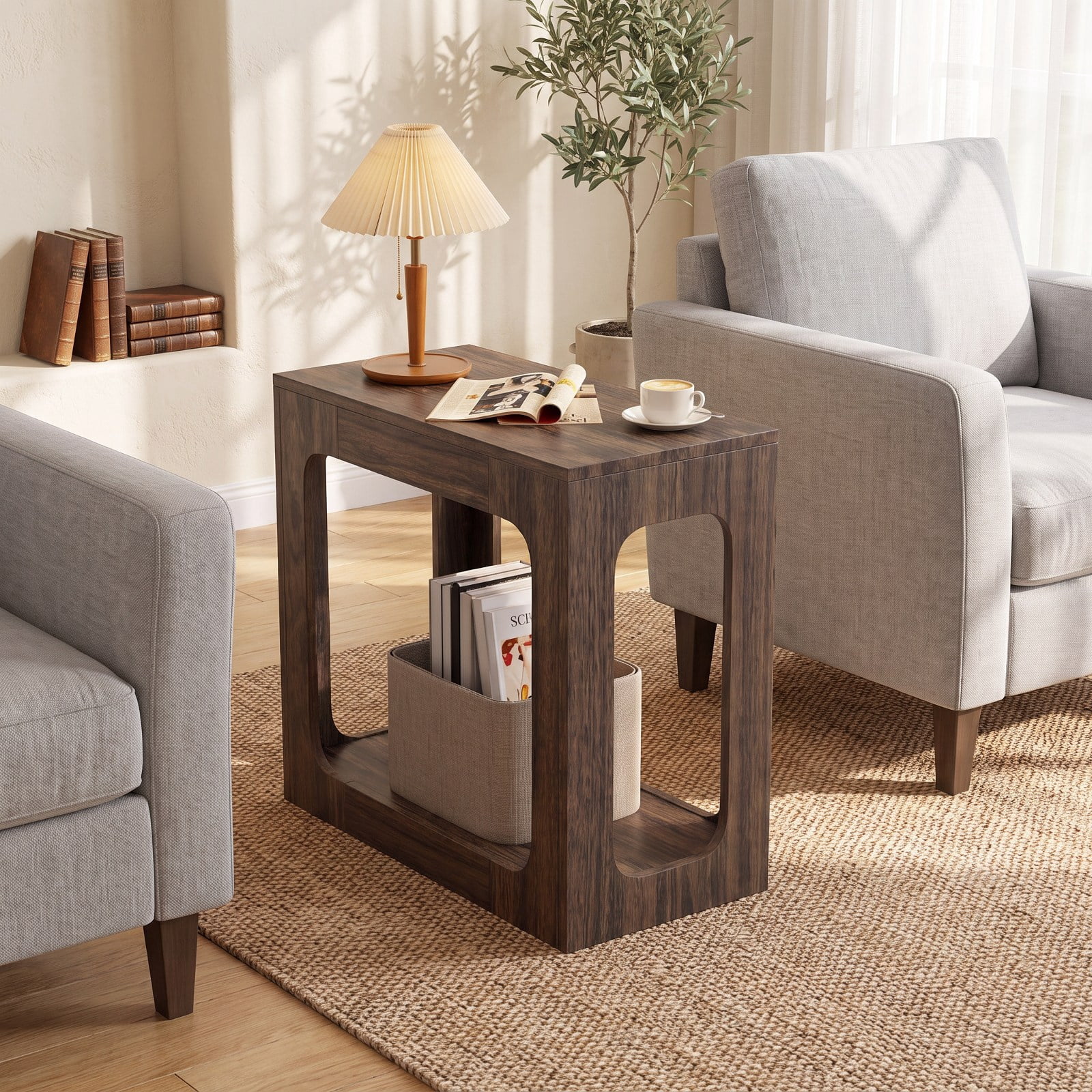Furnibear 2 Tier End Table with Storage Shelf and Rustic Wood Grain Top for Living Room Bedroom and Sofa Side Accent Space, Oak
