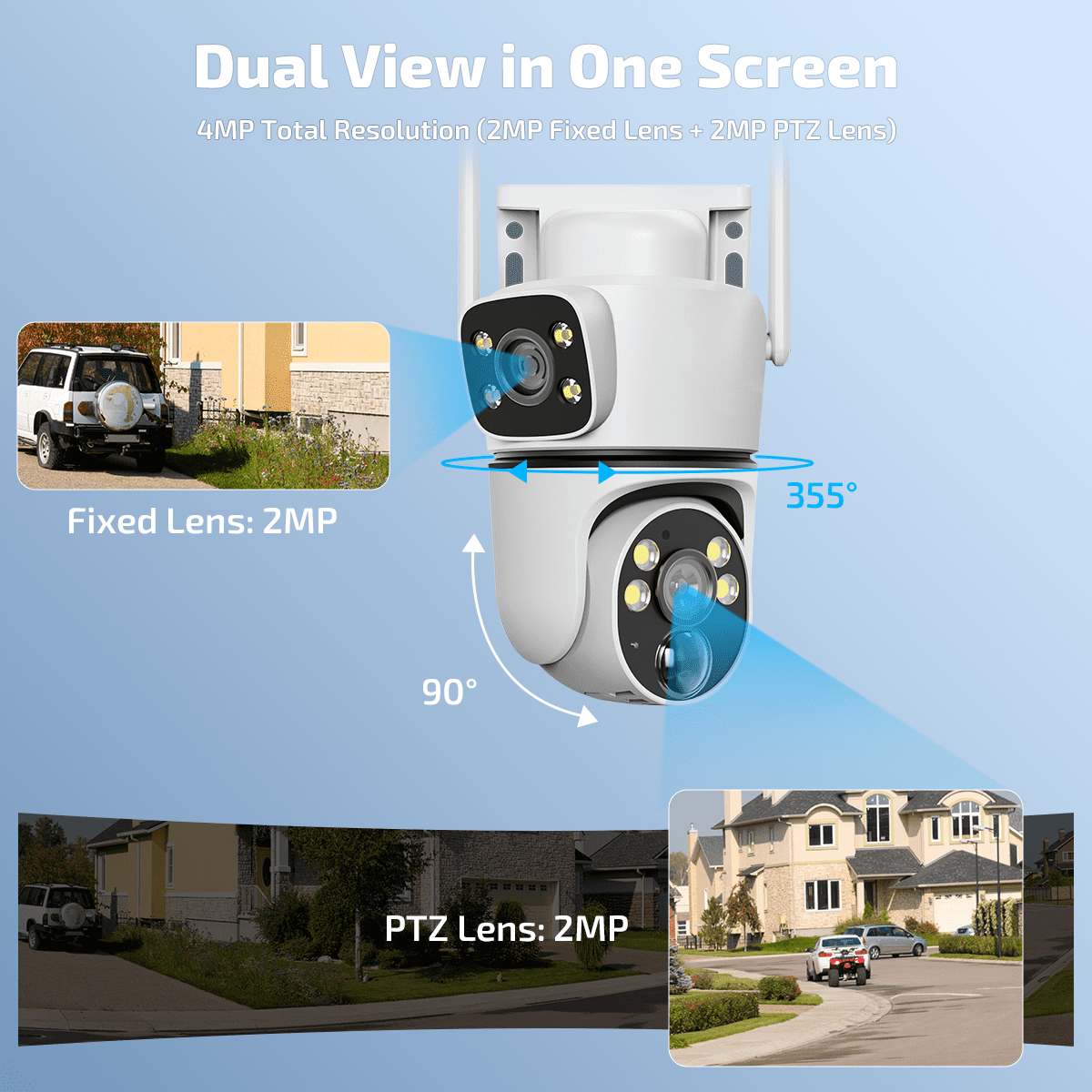 OHWOAI Dual Lens Solar Wireless PTZ Security Camera, Dual Band WiFi Security Cameras with Color Night Vision, PIR Motion Detection & Two-Way Audio