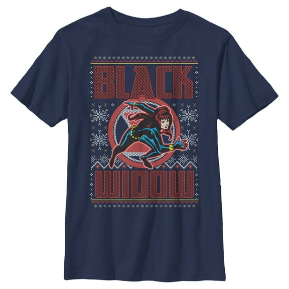 Boy's Marvel Ugly Christmas Black Widow Snow  Graphic Tee Navy Blue X Small