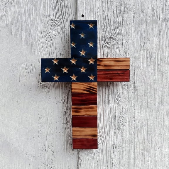 HaCpiu Patriotic Wooden Cross Wall Decor, 9.8" Star & Stripe Independence Day Decoration, Festival Wood Art Decor for 4th of July, Memorial Day Home & Church