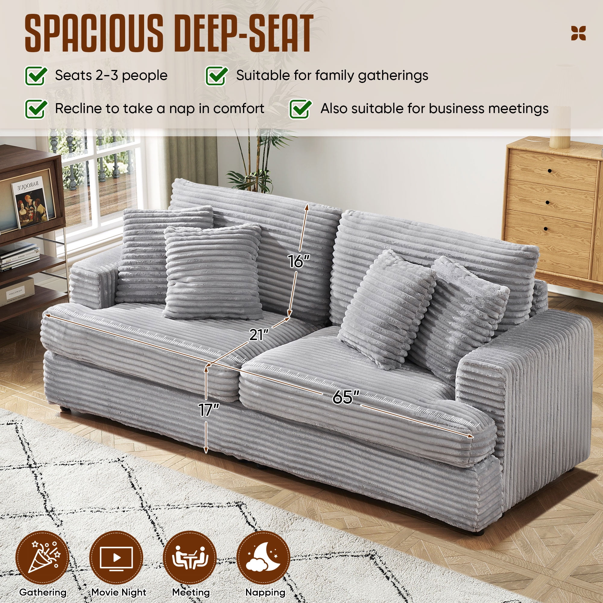 Dinosisco Corduroy Loveseat Sofa, Upholstered 3-Seater Sleeper Couch for Living Room, Gray