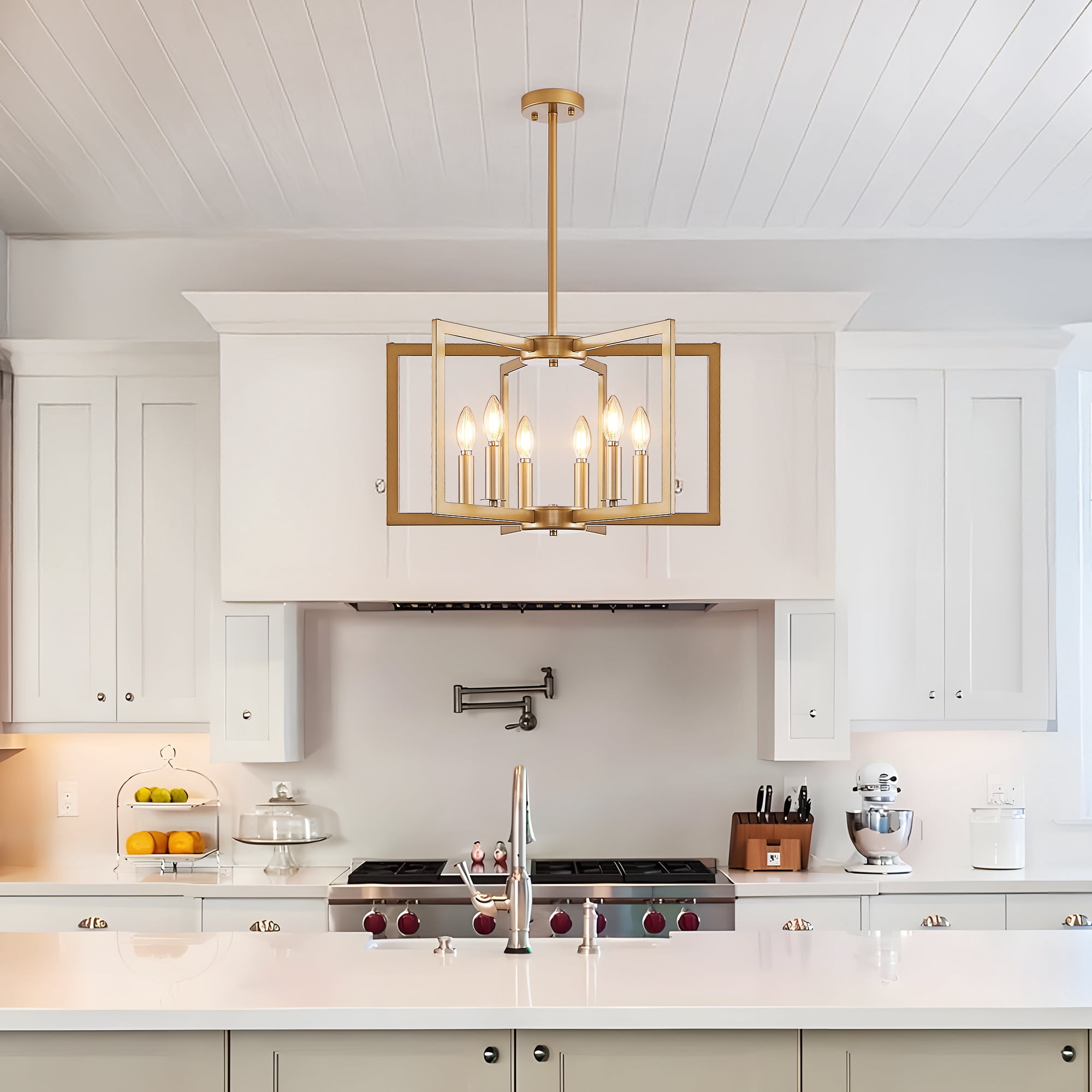 Gold chandeliers for dining room, 6-Light Geometric Modern Farmhouse Hanging Metal for Kitchen Island Pendant Lights Fixture