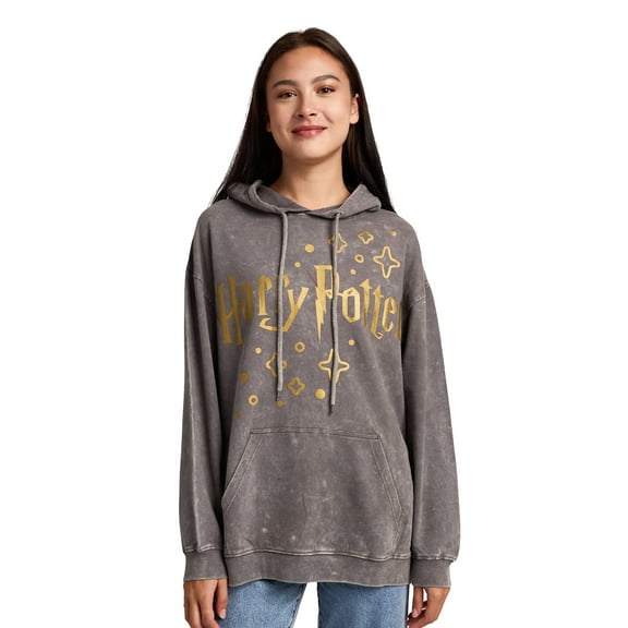 Harry Potter Stars & Hogwarts Crest Women's Gray Mineral Wash Long Sleeve Fleece Hooded Sweatshirt-Large