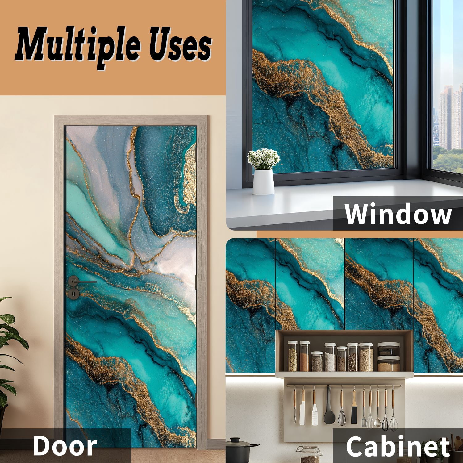 Self Adhesive Vinyl Refrigerator Wrap Set Ocean blue abstract marble liquid ink Door Mural Removable Fridge Sticker Peel and Stick&nbsp;Full Door Cover Decal Kitchen Bar Decor