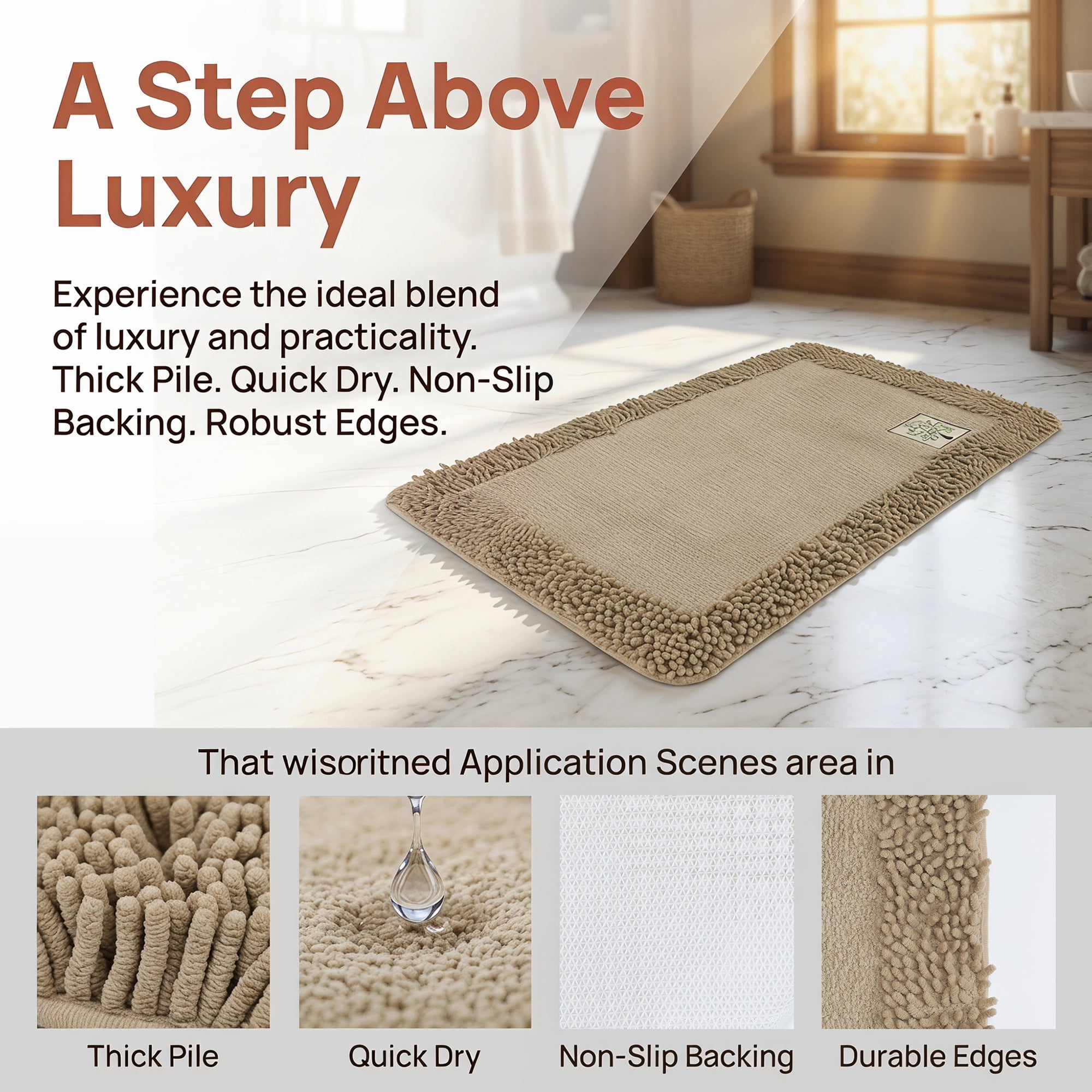 Unique Bargains Chenille Non Slip Bath Mat Ultra Soft Absorbent Shower Rug Beige 24" x 16"