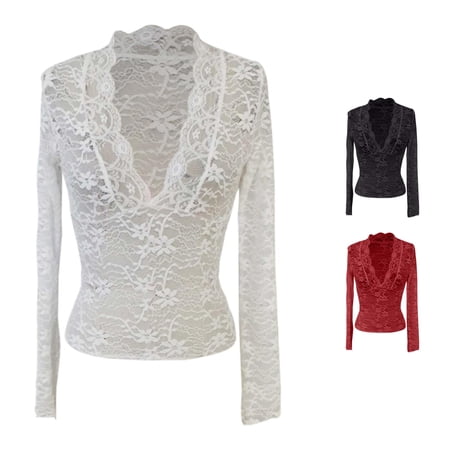 Guitiannn Solid Color Slim Fit V Neck Long Sleeve Lace Camisole Top Ladies Long Sleeve Casual Tops, Size M