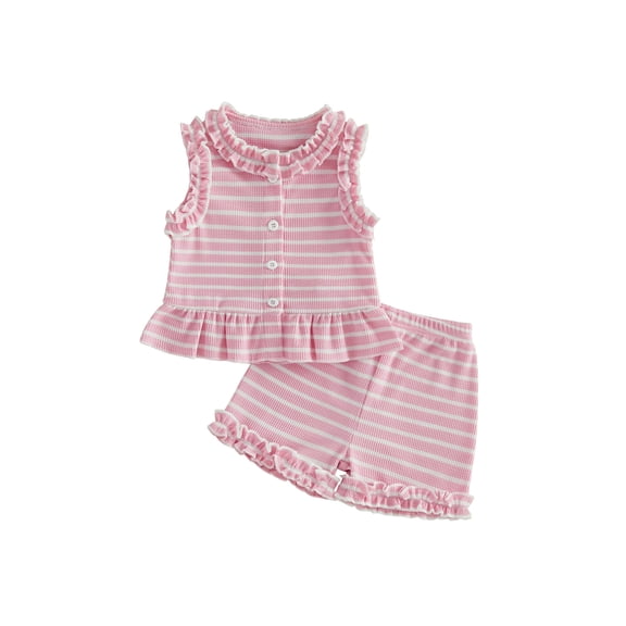 Loicainy Baby Toddler Girl Summer Striped Outfits 6 12 18 24 Months 2T 3T 4T Sleeveless Ruffle Tops Shorts Set Clothes