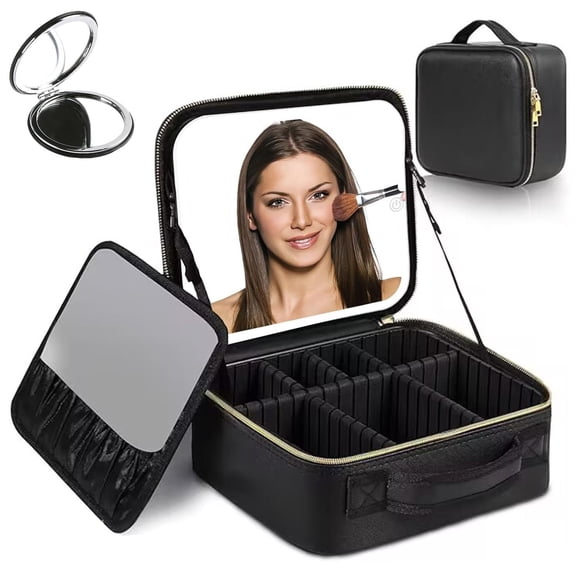 SOZOMO Bolsa de Maquillaje Profesional con Espejo LED,con Pequeño Espejo,Estuche de Maquillaje,Bolsa de Cosmético,con Divisores Ajustable y Sensor táctil 3 Colore Luce