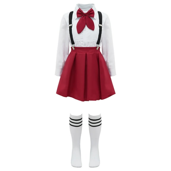TiaoBug Kids Girls Uniform Set Short / Long Sleeve Bow Tie Blouse with A-Line Mini Pleated School Type A Burgundy 140