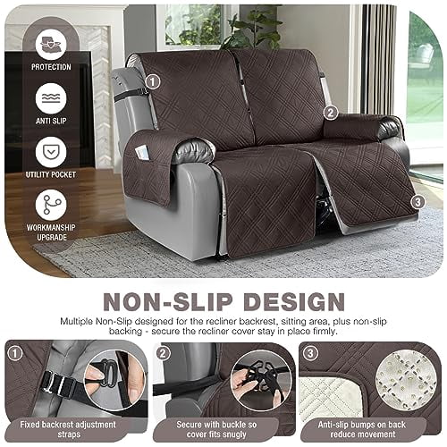 Waterproof Oversized Recliner Loveseat Cover, Non-Slip Split Design with Elastic Straps for Reclining Sofa, Protector for Furniture, Kids, and Pets (Chocolate, 2-Seater)