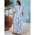 thumbnail image 7 of SHOWMALL Women's Plus Size Short Sleeve Maxi Dress, Blue Chinoiserie Floral 3X Side Slit Rounded Hem Long T-Shirt Dress with Pockets for Vacation & Casual Wear, 7 of 7