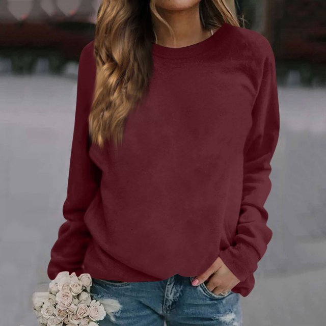 Kagetolytai Chandails pour Femmes Mode Décontractée Unie Manches Longues Col Rond Pull Haut Blouse Hoodies pour Femmes Vin TG