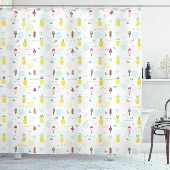Abstract Shower Curtain, Eighties and Nineties Themed Ice Cream and Pineapple Design Retro Illustration, Fabric Bathroom Set with Hooks, 69W X 70L Inches, Multicolor, by Ambesonne