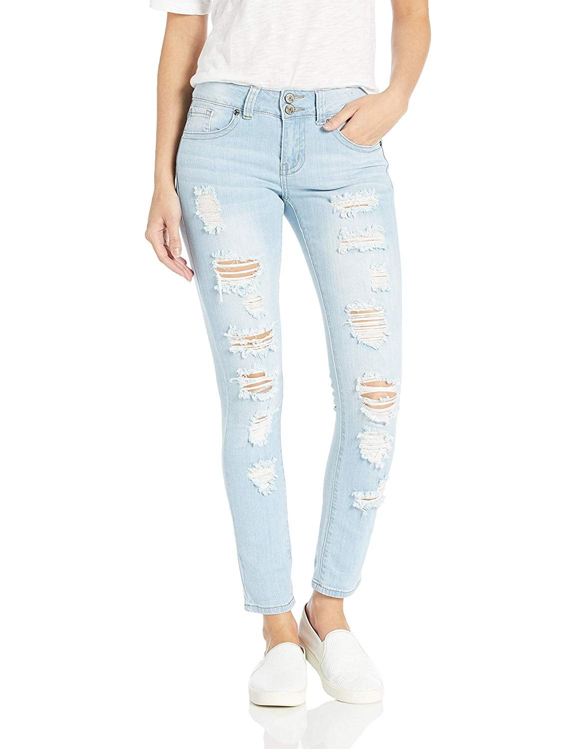 CoverGirl Womens Cute Mid High Rise Waisted Ripped Torn Skinny Blue Juniors Jeans