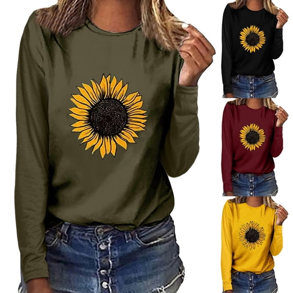 QHWAUAKFBN T Shirts For Women Trendy Loose Fit Sunflower Print O-Neck Long Sleeve Pullover Sweatshirt Blouse Tshirts Top