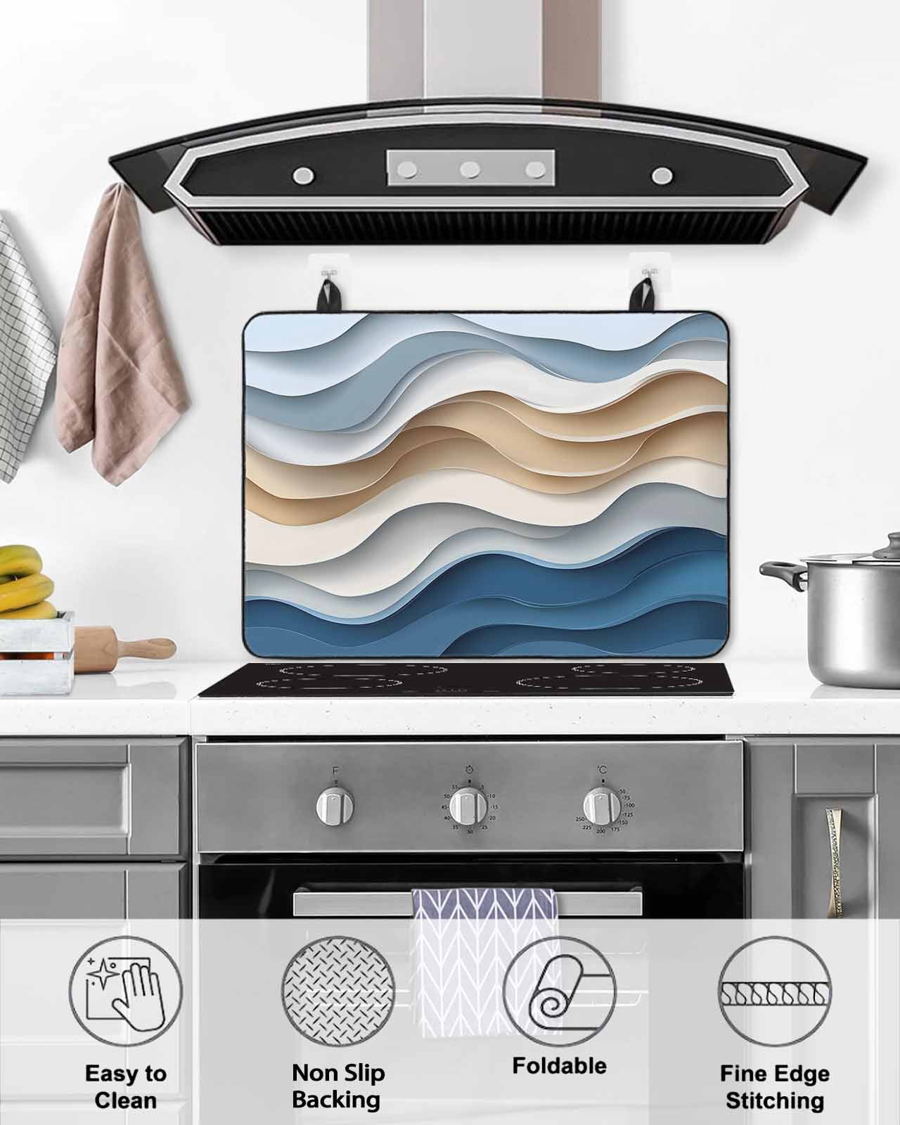 nqOlkjepod Large Induction Cooktop Protector Mat 36"x21", Beige Blue Ombre Stove Top Covers for Electric Stove, Moire Abstract Artwork Decorative Stove Burner Cover Mats, Glass Top Stove Cover
