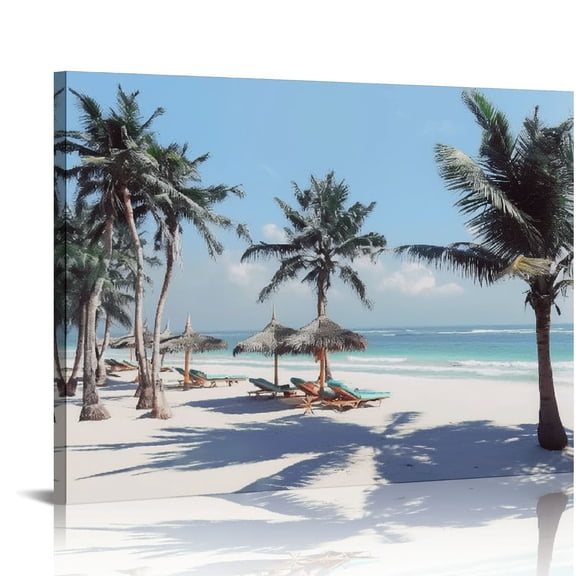 Acheng Beach Canvas Picture Wall Art: Modern Tropical Seascape Themed “ Palm Tree on The Beach” Photographic Print on Canvas for Living Room 20x16in