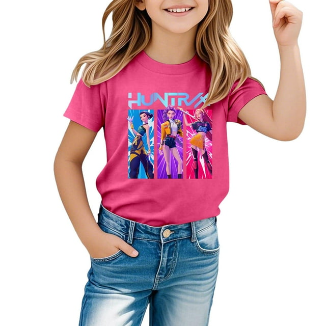 FYEGRE K_P_O_P Haut à Manches Courtes Ludique pour Petite Fille T-Shirt à Manches Courtes Col Rond Décontracté Doux Confortable pour Usage Quotidien pour Tout-Petit et Adolescent Rose Vif 110