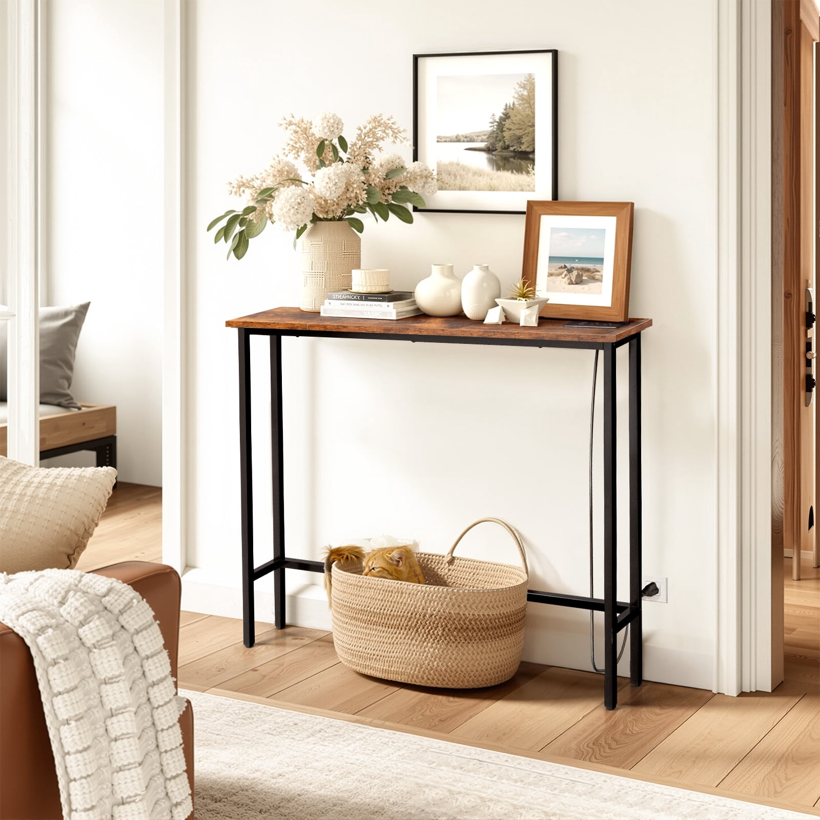 39.4" Narrow Console Sofa Table with Power Outlets and USB Ports, Skinny Couch Table with Metal Frame and Charge Station with 4.9ft Extension Cord, Rustic Brown