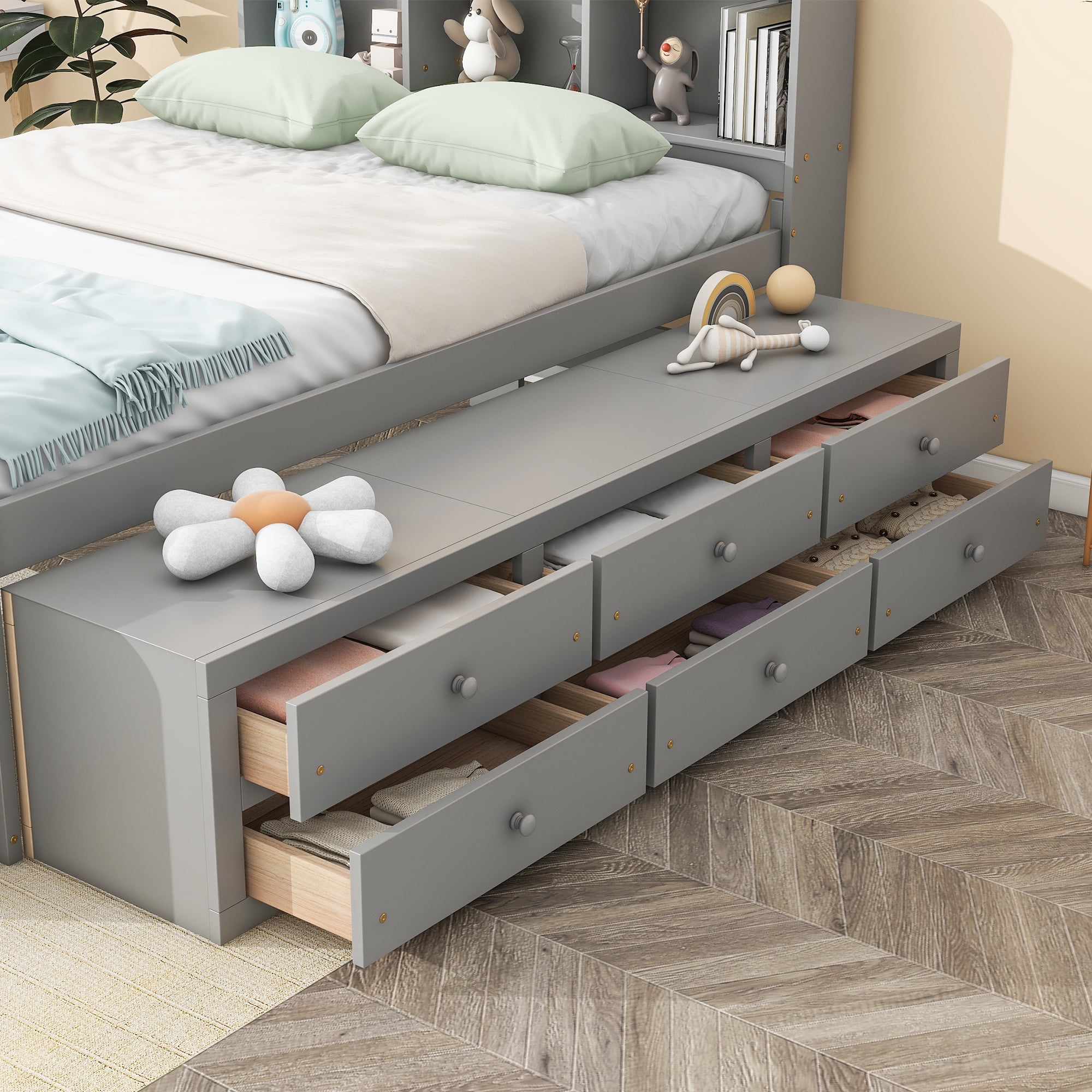 Sailvan Full Size Platform Bed Frame with Bookcase Headboard, 6 Storage Drawers and Bed End Case Grey