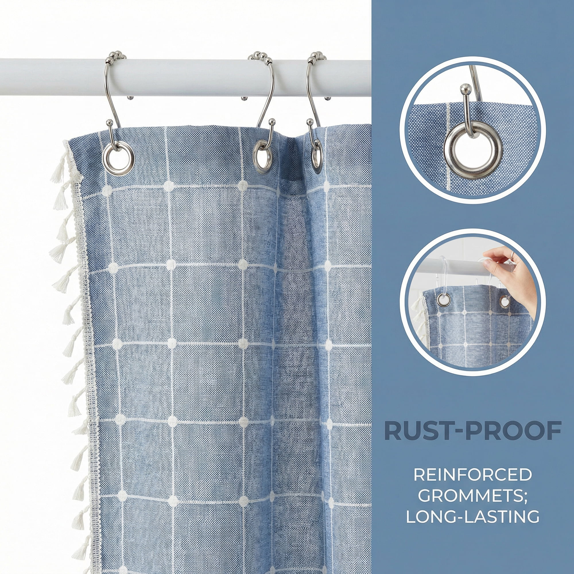 Unique Bargains Boho Plaid Blend Shower Curtain Sets with Hooks Blue 72"W x 72"L