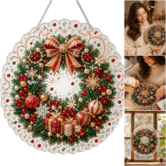 Christmas Pearl Diamond Art Kits for Adults,Christmas Wreath Hanging Diamond Painting with DIY Tools,Hanging Diamond Art Kits for Holiday Window Home Decor