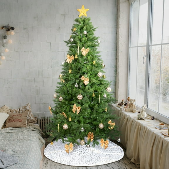 7.5FT Pre-Lit Christmas Tree - 950 Branch Tips, 400 Warm White LEDs, Golden Ornaments Tree Skirt Included, for Home/Office