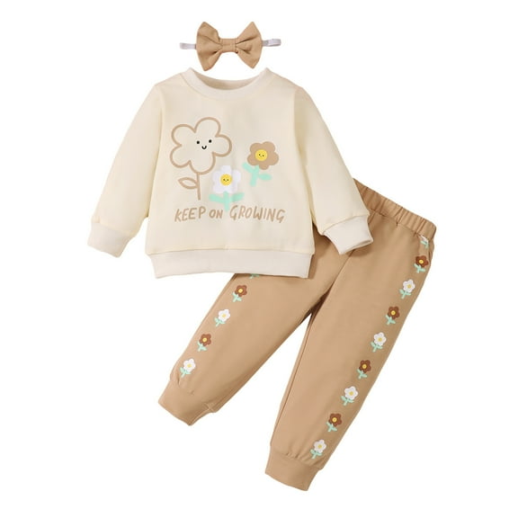 9 Months Baby Girls Clothes 12 Months Girls 3PCS Fall Winter Outfits Set Flower Print Infant Girls Long Sleeve Top Pants Set with Headband Brown