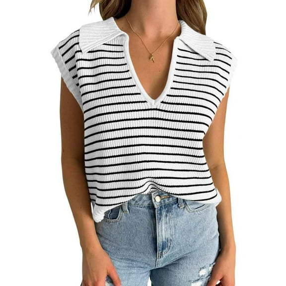 Summer Sweaters for Women 2025 V Neck Cap Sleeve Tops Sleeveless Clothes Sweater Vest White S