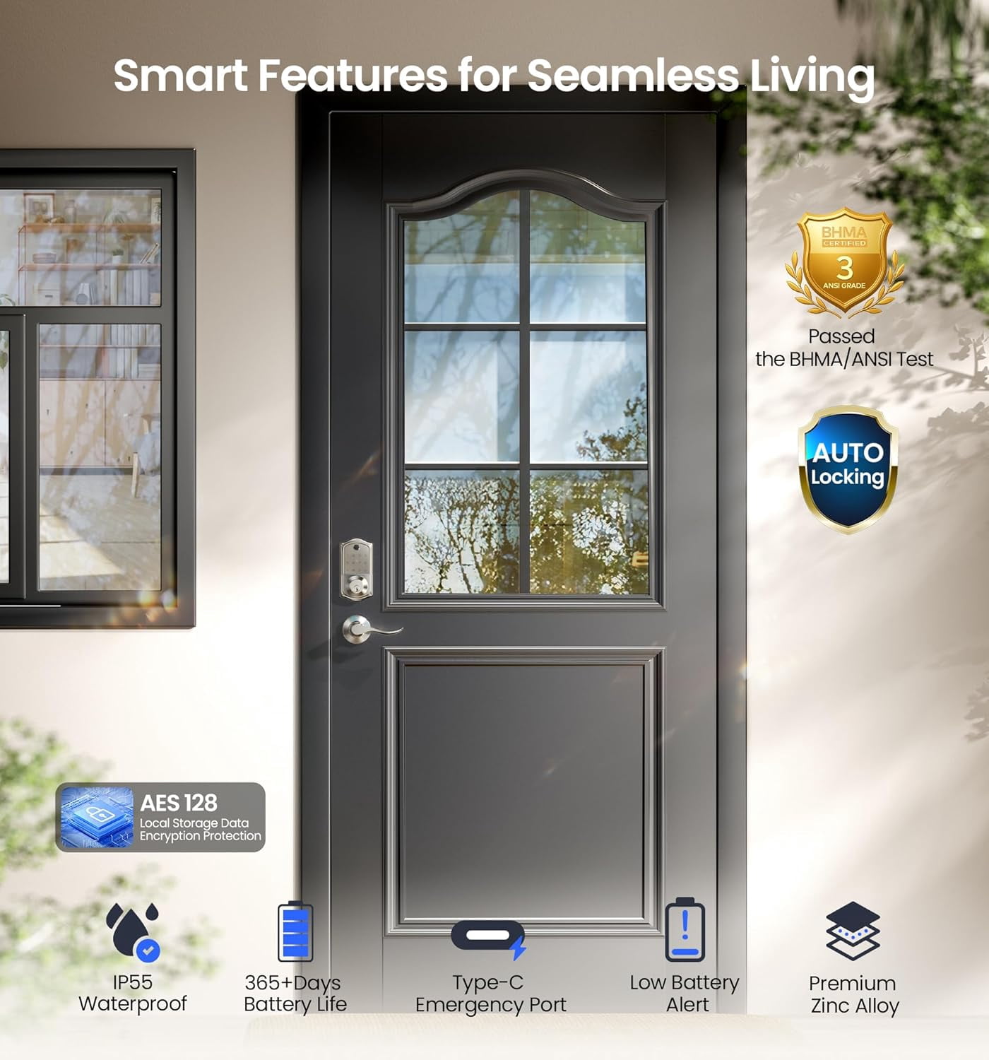 Veise Fingerprint Smart Lock with 2 Lever Handles, Keyless Entry Front Door Lock Set, App Control, Electronic Digital Keypad Deadbolt, Satin Nickel