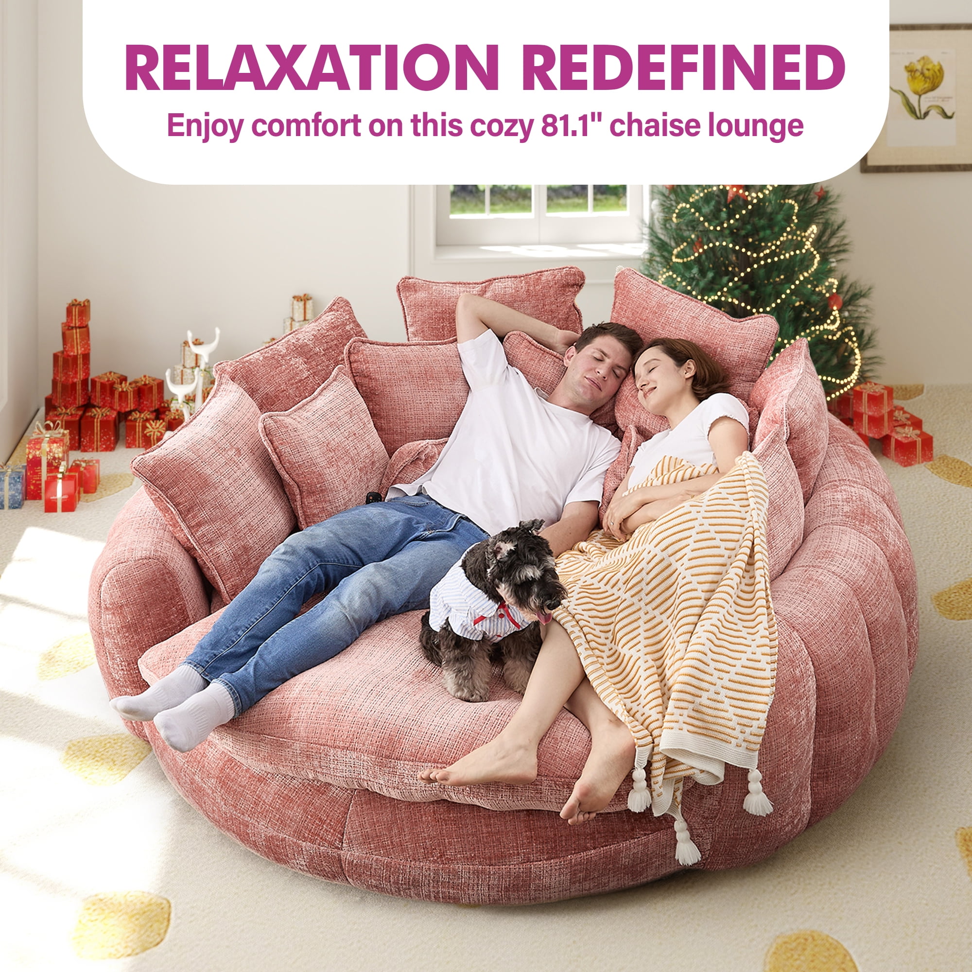 Aukfa 81" Oversized Round Chaise Lounge Sofa Bed, Modern Chenille Cloud Couch with Deep Seat, 14 Pillows, Assemble-Free, Pink