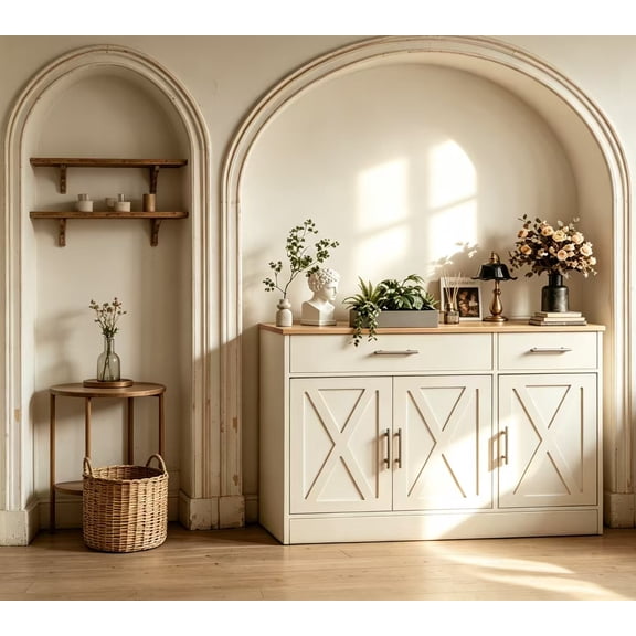 Walsunny Sideboards Buffets Cabinet Table 42.5" with 2 Drawers 3 Doors Adjustable Shelf Farmhouse Coffee Bar Cabinet with Storage for Kitchen Living Room Dining Room White