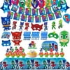 129pcs Pj Masks Birthday Party Supplies Including Banners, Tablecloths, Cutlery, Spoons, Plates, Napkins, Hanging Swirls, Balloons, Cake Toppers, Cupcake Toppers, Character Aluminum Film Balloons