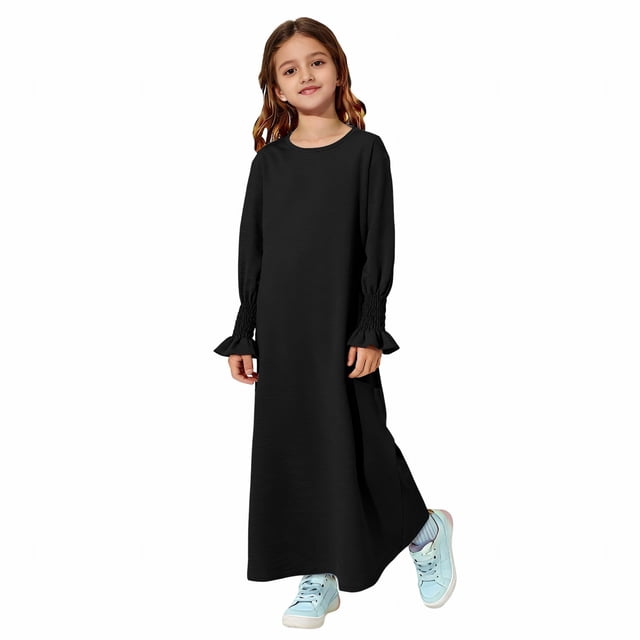 XQYLOS Robe Abaya Unie pour Filles Col Ras du Cou Kaftan de Prière Musulman Ramadan Tenue de Mosquée Confortable Robe Modeste Vêtements Islamiques de Tous les Jours