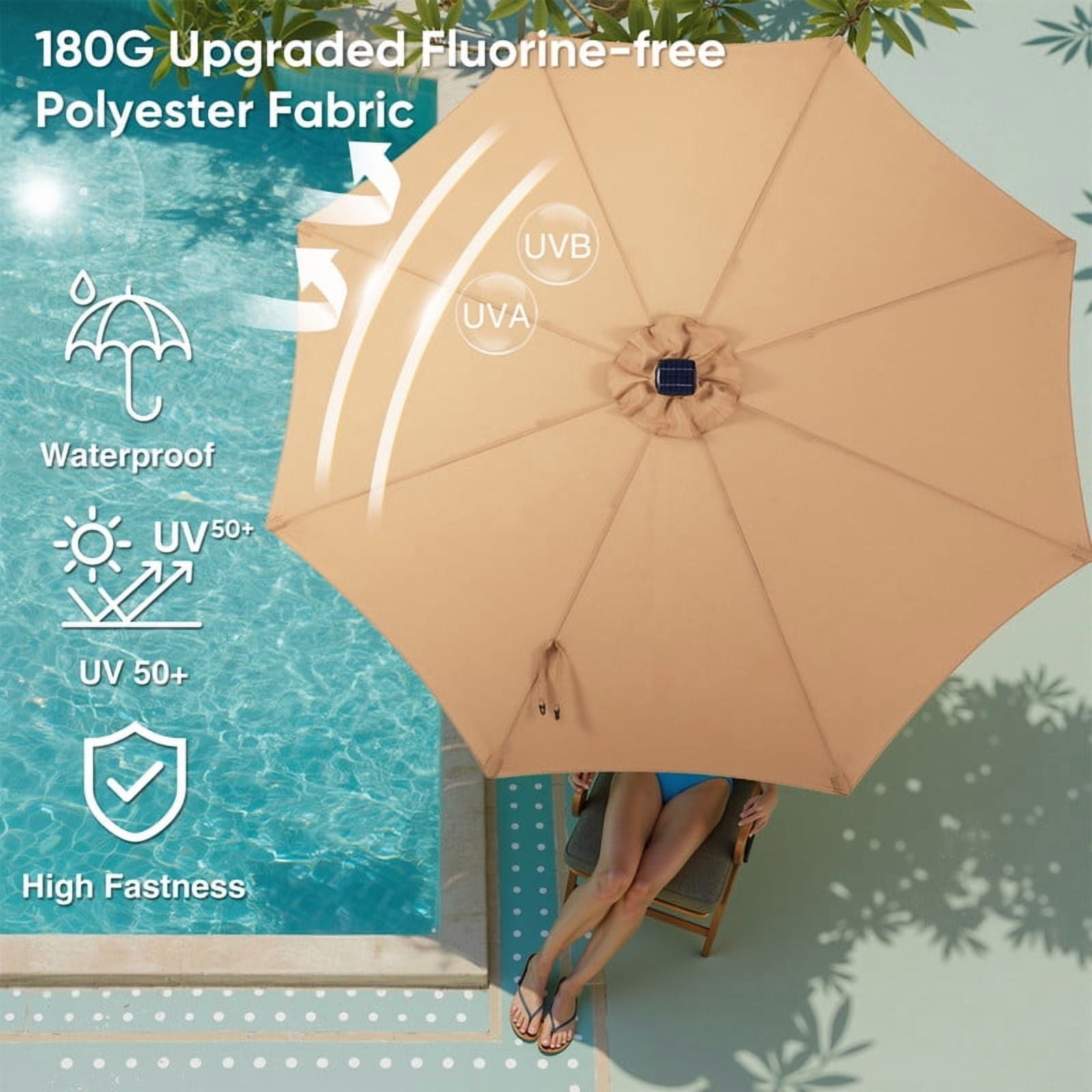 Gianna 10ft Solar Polyester 32 LED Lighted Patio Umbrella with Tilt Adjustment and UV-Resistant Fabric,Khaki-1