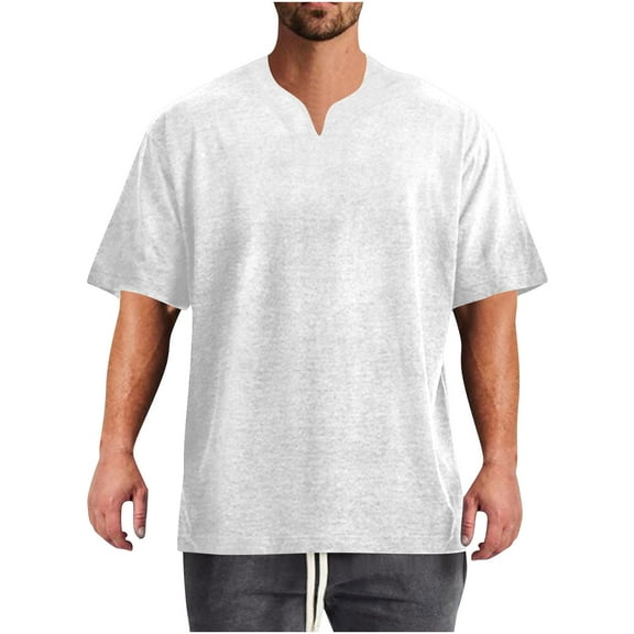 hotojiny Men's Solid Lightweight T-Shirt Summer Half Sleeve Notch V Neck Casual Tee Soft Loose Fit Beach Vaction Clothes