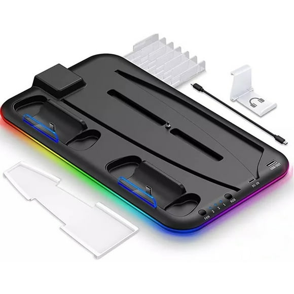 Estación de refrigeración para PS5 con ventilador RGB para PS5 Disc & Digital Editions, estación de carga para mandos, soporte para auriculares y 6 ranuras para juegos
