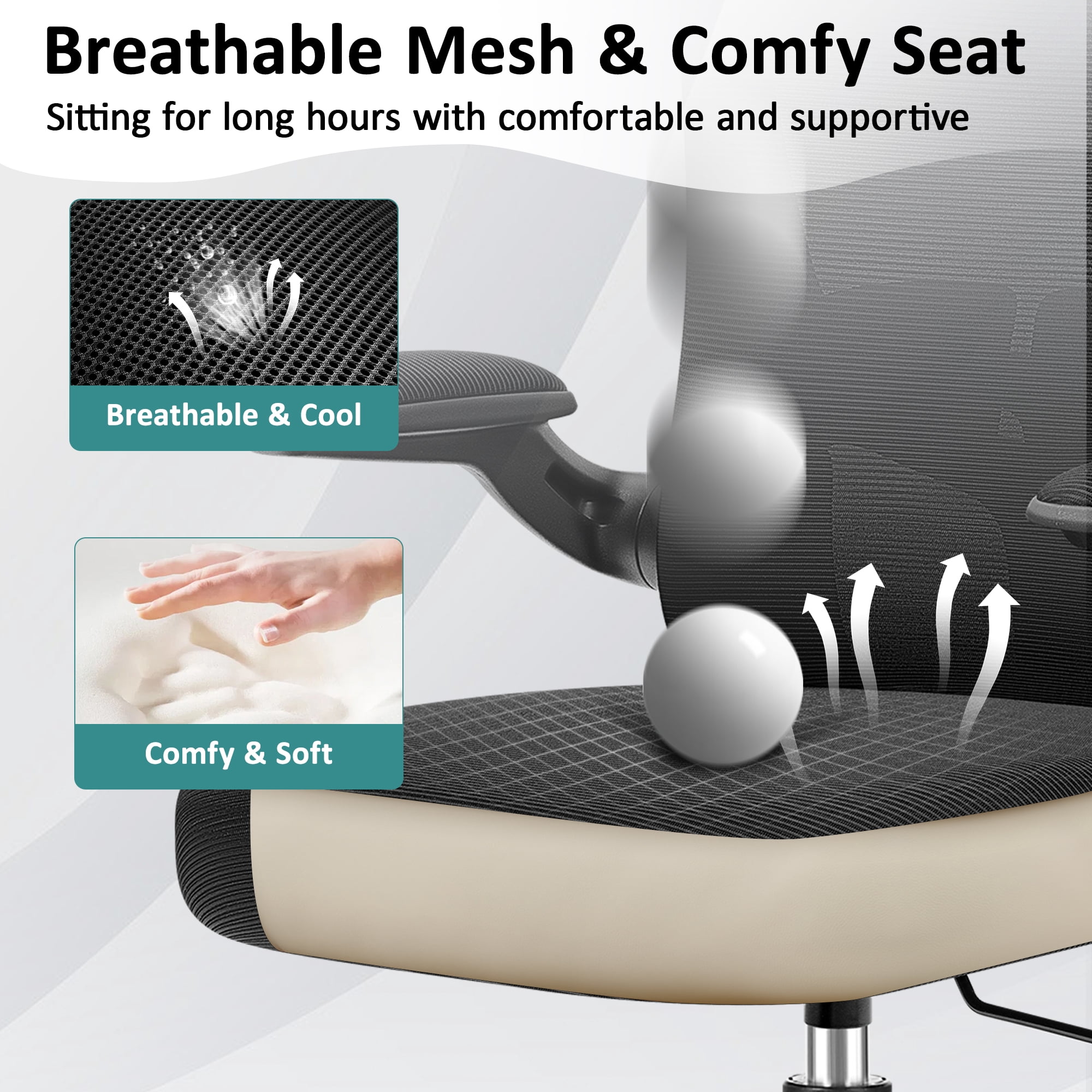 COOLHUT Office Chair, Ergonomic Desk Chair with Adjustable Lumbar Support, High Back Mesh Computer Chair with Flip-up Armrests-BIFMA Passed Task Chairs, Executive Chair for Home Office, Black