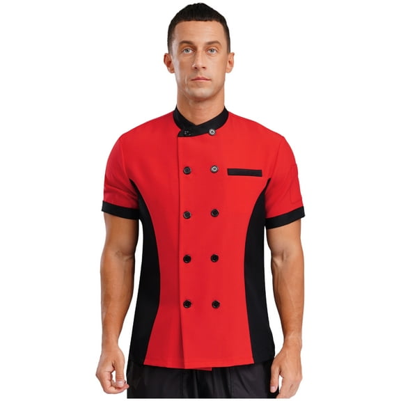 SiiRoh Adult Color Block Short Sleeve Chef Jacket Men Women Cook Coat Kitchen Work Uniform Shirt Top Red&Black XL