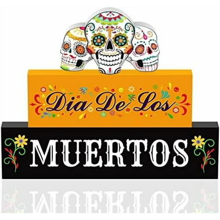 3 Pieces Day of the Dead Decorations Dia De Los Muertos Wooden Blocks Sugar Skull Wooden Sign Day of the Dead Table Centerpiece Decor for Mexican Halloween Home Decorations