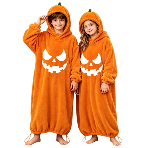 MEZZALL Halloween Kids Pumpkin Hooded Sleep Robe, Long Plush Oversized Nightdress, Cartoon Long Sleeve Loungewear for Holiday Party Daily Wear Pajamas One-Pieces