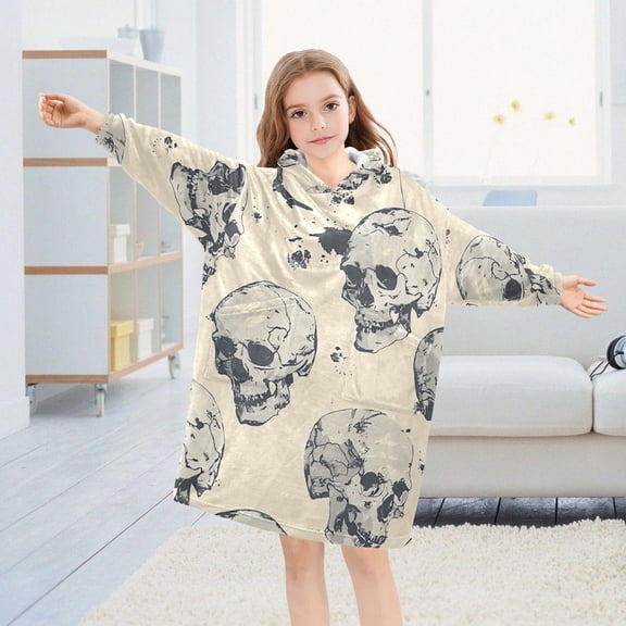 Skulls Skeleton Oversized Wearable Blanket Hoodie Sweatshirt Flannel for Unisex Girls Boys