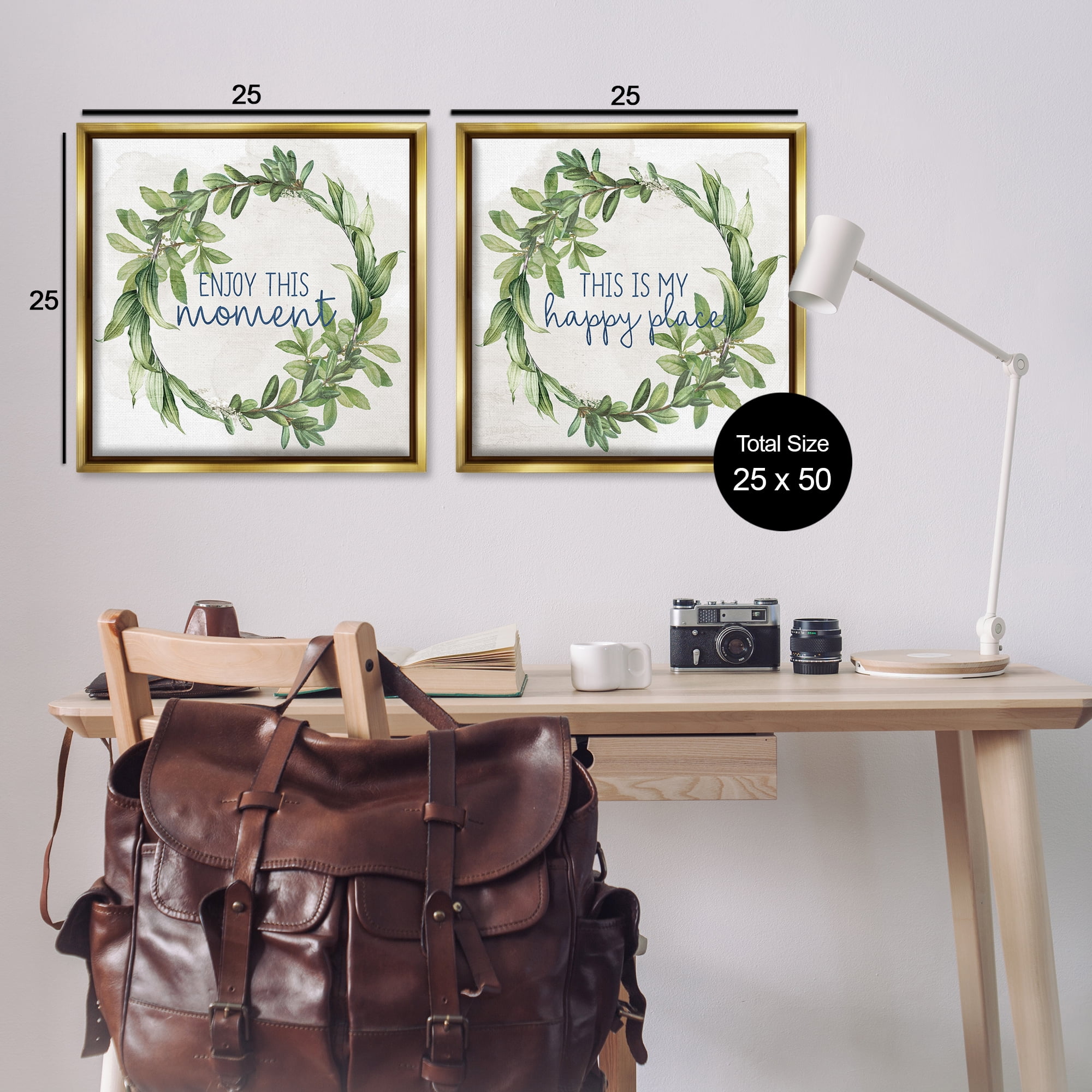 Stupell Industries Enjoy Happy Greenery Wreath Text & Numbers Painting Gold Floater Framed Canvas Art Print Wall Art, 25 x 25, Set of 2