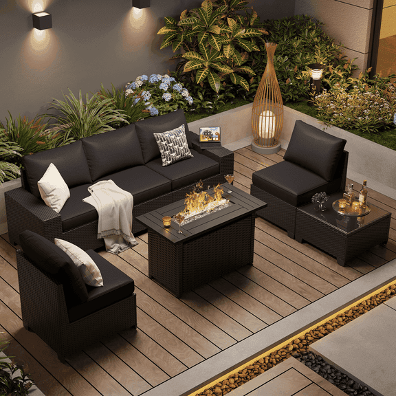 Clouddwell 7-Piece Outdoor Patio Set, 8-Inches Widen Armrest, All-Weather Wicker Sectional with Fire Table, Coffee Table, Black